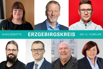 12. Februar: Wahldebatte Marienberg - Diese Kandidatinnen und Kandidaten sind bei der Wahldebatte dabei. Oben von links: Jennifer Wolf (Linke), Thomas Dietz (AfD), Silvio Heider (SPD). Unten von links: Philipp Riese (Grüne), Alexander Krauß (CDU), Andé Müller (BSW), Ulrike Harzer (FDP).