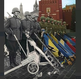 Propaganda auf der Telegram-Seite der Wagner-Söldner: Asow-Flaggen in direkter Nachfolge zum Hakenkreuz der Nazis. 
