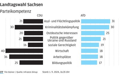 In wuchtigen Politikfeldern sprechen die Wähler mittlerweile der AfD (blau) eine größere Lösungskompetenz zu als der CDU (schwarz).