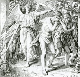 Adam und Eva und die Vertreibung aus dem Paradies. "Und Gott der Herr machte Adam und seinem Weibe Röcke von Fellen und kleidete sie. Und er sprach: Siehe, Adam ist geworden wie unsereiner und weiß, was gut und böse ist. Nun aber, dass er nicht ausstrecke seine Hand und breche auch von dem Baum des Lebens und esse und lebe ewiglich! Da wies ihn Gott aus dem Garten Eden, dass er das Feld baute, davon er genommen ist, und trieb Adam aus und lagerte vor dem Garten Eden die Cherubim - Erzengel - mit bloßem, hauendem Schwert, zu bewahren den Baum des Lebens."