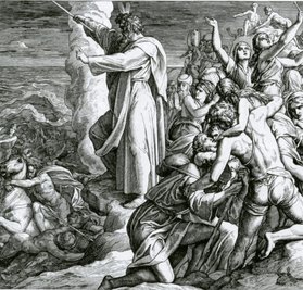 Der Israeliten Rettung und der Ägypter Untergang im Roten Meer. "Der Herr sprach zu Mose: Recke deine Hand aus über das Meer, dass das Wasser wieder herfalle über die Ägypter, über ihre Wagen und Reiter. Da reckte Mose seine Hand aus über das Meer, und das Meer kam wieder vor morgens in seinen Strom, und die Ägypter flohen ihm entgegen. Also stürzte sie der Herr mitten ins Meer, ... dass nicht einer aus ihnen übrigblieb. Aber die Kinder Israel gingen trocken mitten durchs Meer; und das Wasser war ihnen für Mauern zur Rechten und zur Linken."