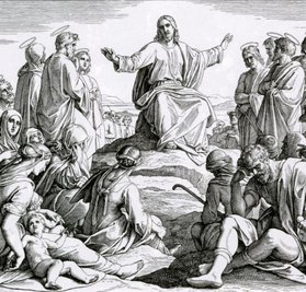 Die Bergpredigt Jesu. "Als Jesus das Volk sah, ging er auf einen Berg und setzte sich; und seine Jünger traten zu ihm. Und er sprach: Selig sind, die da geistlich arm sind; denn ihrer ist das Himmelreich. Selig sind, die da Leid tragen; denn sie sollen getröstet werden. Selig sind die Sanftmütigen; denn sie werden das Erdreich besitzen. Selig sind, die da hungert und dürstet nach der Gerechtigkeit; denn sie sollen satt werden. Selig sind die Barmherzigen; denn sie werden Barmherzigkeit erlangen. ... Selig sind die Friedfertigen; denn sie werden Gottes Kinder heißen."