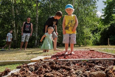 Auch der Barfußpfad kam bei Familie Dobbert gut an - besonders Finneas (vorn) und Schwesterchen Letizia waren am Dienstag hier zugange.