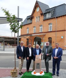 Vor dem Bahnhofsgebäude in Mittweida ist am Samstagvormittag eine Japanische Nelkenkirsche und eine Stele aus Rochlitzer Porphyr an die Stadt Mittweida übergeben worden, die künftig an den zehnjährige Bestehen des Landkreises Mittelsachsen erinnern sollen. Im Bild: Helmut Riegger, Landrat von Calw, Mittweidas OB Ralf Schreiber, Mittelsachsens Alt-Landrat Volker Uhlig, Landrat Matthias Damm und Waldemar Dombek, Landrat des Partnerlandkreises Gleiwitz.