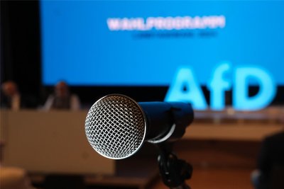 Das Saalmikrofon beim sächsischen AfD-Landespaerteitag in Glauchau.