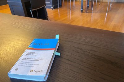 Fachliteratur am Platz des psychologischen Sachverständigen in Saal 241 des Landgerichts.