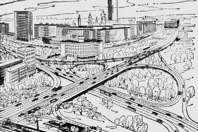Hochstraßen als Ausdruck der Moderne, auch wenn man 15 Jahre auf ein Auto warten musste: Nie verwirklichte Vision für die Gestaltung des Falkeplatzes aus den 1960er-Jahren.