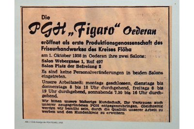 Ein Ausstellungsstück im Weberei-Museum Oederan: die erste veröffentlichte Anzeige der neu gegründeten PGH Figaro Oederan in der Volksstimme von 1958.