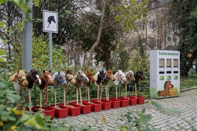 Plauen will am 1. April tierfreundlich sein: Steckenpferde können bald am Rathaus geparkt, getränkt und gefüttert werden. Das Foto wurde mit KI erstellt.