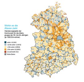 Viel ausgeglichener ist das Bild bei den Älteren zwischen 50 und 64 Jahren. (Durchschnittlicher jährlicher Wanderungssaldo für die Jahre 2008 bis 2013) Manche ziehen aufs Land, weil sie die Ruhe schätzen, andere bevorzugen die Städte, weil sie dort kurze Wege vorfinden - und "alles da ist".