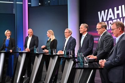 Diese Spitzenkandidaten stehen zur Wahl: Katja Wolf (BSW, v.l.n.r.), Thomas Kemmerich (FDP), Madeleine Henfling (Grüne), Georg Maier (SPD), Björn Höcke (AfD), Mario Voigt (CDU) und Bodo Ramelow (Linke).