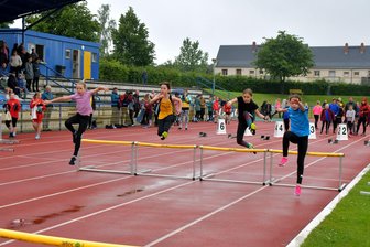 14. Vogtlandspiele in Reichenbach: Ein Hürdenlauf für die Organisatoren - Die Leichtathletik-Wettbewerbe am Sonntag gingen wie geplant über die Bühne, hier der Hürdensprint.