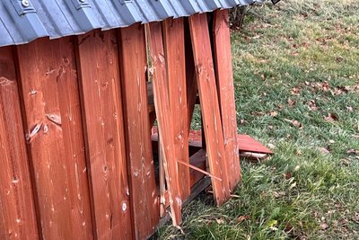 An jeder Wand wurden zahlreiche Bretter herausgefetzt, zwei Balken aus der Grundkonstruktion haben tiefe Risse, das Dach hat eine Delle.