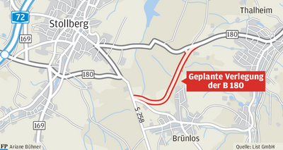 So könnte - ganz grob gedacht - die Streckenführung aussehen. Wohin die B 180 aber genau verlegt wird, bleibt offen. Die zu erwartenden Kosten für den Neubau belaufen sich nach derzeitigem Planungs- und Kenntnisstand sowie aktuell vorliegendem Preisniveau auf rund 22 Millionen Euro.