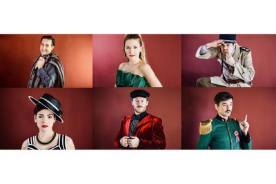 Das Ensemble von „Ganz Paris Träumt von der Liebe v. o. l.: Stuart Sumner, Stefanie Hertel, David-Jonas Frei; v. u .l.: Rebecca Lara Müller, Martin Schranz und Sascha Hödl.