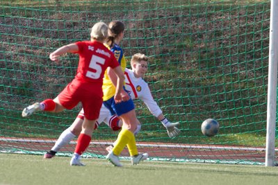 Die Jößnitzerin Christiane Gotte (rotes Trikot) erzielt hier eines ihrer vier Tore.