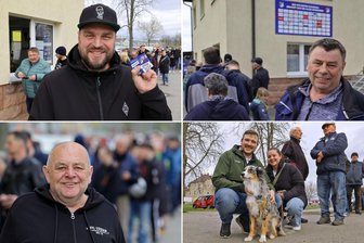 15 Euro für ein Stehplatz-Ticket im Sportpark in Glauchau: Wie Fans auf Bundesliga-Preise im Sachsenpokal reagieren - Sie freuen sich auf das Halbfinale im Fußball-Sachsenpokal: Lars Hoffmann, Michael Just, Tobias Piller (mit Linda Neumeier) sowie Jürgen Polster am Montagabend beim Ticketverkauf (von oben links im Uhrzeigersinn).