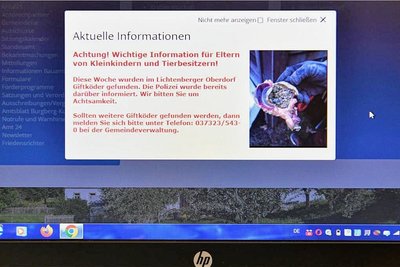 Auf ihrer Internetseite warnt die Gemeinde Lichtenberg vor Giftködern. 