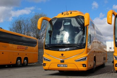 Die gelben Busse des tschechischen Verkehrsunternehmens RegioJet starten in Dresden hinter dem Hauptbahnhof.