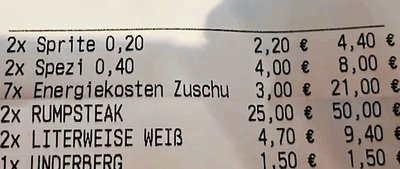 Die Rechnung einer größeren Runde aus dem "Parkschlösschen" mit sieben Mal Energiekostenzuschuss. 