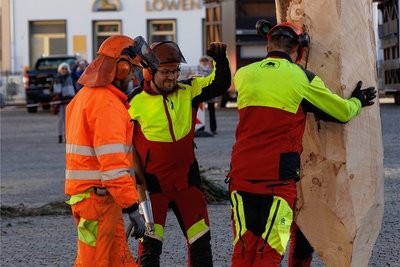 Zuvor hatten Lars Bräuer (Mitte) und seine Forstkollegen den unteren Teil des Baumstammes passgenau für die Einlassöffnung zugeschnitten.