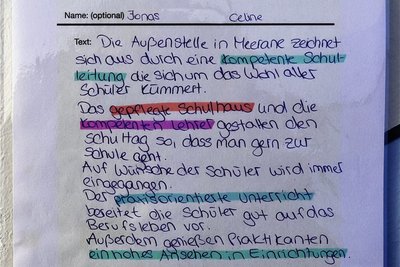 Auf Zetteln, die im Schulhaus zu finden sind, beschreiben junge Leute die Vorteile der (kleinen) Außenstelle.