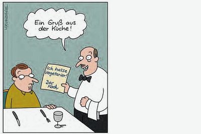 Über diesen Cartoon des Flöhaer Zeichners Uwe Krumbiegel aus dem 2020 erschienenen Buch "Vegan ist mein Wahn" kann nicht jeder Veganer und Vegetarier lachen. In der Gastronomie fühlen sie sich wegen ihrer Ernährungsweise häufig schlecht behandelt. 