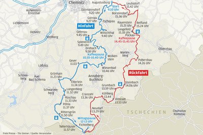 Der Streckenplan für die Burgen- und Schlösserfahrt 2025 rund um die Augustusburg.