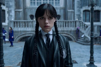 Freudiger Gesichtsausdruck fürs neue Schuljahr: Jenna Ortega gibt erneut die grimmige Gothik-Tochter Wednesday in der gleichnamigen Netflix-Serie.