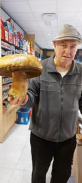 Helmut Unger aus Johanngeorgenstadt mit seinem besonderen Pilzfund, einem fünf Pfund schweren Steinpilz.