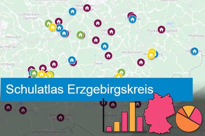 Eine interaktive Karte, die für den Erzgebirgskreis (das Erzgebirge) alle Oberschulen, Berufsschulen, berufsbildenden Schulen, Förderschulen und Gymnasien zeigt, ihre Standorte, Webseiten und Kontaktmöglichkeiten.