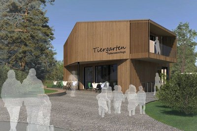 So soll das neue Funktionsgebäude am Eingang des Falkensteiner Tiergartens aussehen, das zugleich auch den Stadtpark versorgt. Der entsprechende Entwurf des Büros Heidi Schettler aus Grünbach hatte den Planungswettbewerb gewonnen. Grafik: Stadt Falkenstein/Bauplanungsbüro Heid Schettler