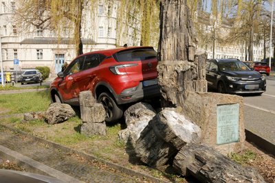 Rückwärts in ein Denkmal mit versteinerten Baumstämmen.