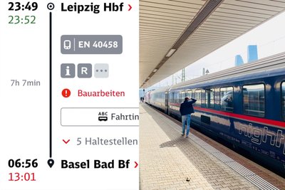 Verspätungsanzeige in der DB-App, der Nachtzug am frühen Nachmittag in Basel: rekordverdächtig unpünktlich.