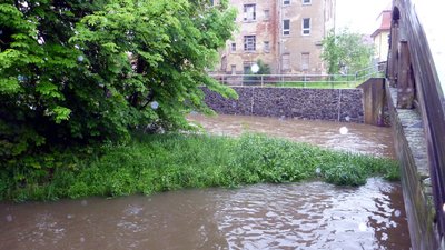 Hier vereinigen sich Würschnitz und Zwönitz zur Chemnitz. Von Hochwasser war noch nichts zu sehen.