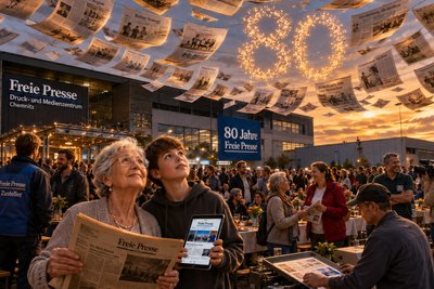 Faszinierend und erschreckend zugleich sind die schnell wachsenden Fähigkeiten der KI. Wir haben Chat-GPT gefragt, wie die Maschine sich ein Leserfest zum 80. Geburtstag der „Freien Presse“ vorstellt. Das ist das Ergebnis. In der alltäglichen Berichterstattung setzt die „Freie Presse“ allerdings keine KI-generierten Bilder ein, die Realität vortäuschen.