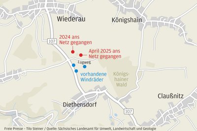 Windkraftanlagen zwischen Wiederau und Diethensdorf.