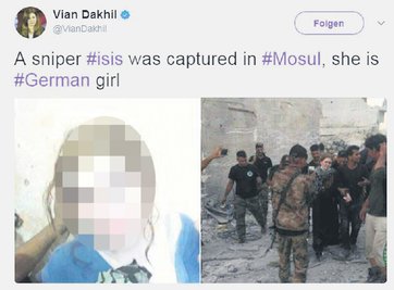 Die irakische Parlamentsabgeordnete Vian Dakhil postete auf ihrem Twitter-Account mehrere Fotos von der - wie sie schrieb - IS-Heckenschützin, die in Mossul gefangengenommen wurde.