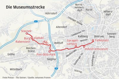 Radtour Museumsstrecke bis zum Stausee in Rabenstein. Auch der Weg über die Oberfrohnaer Straße vom Frei-Otto-Park ist möglich.