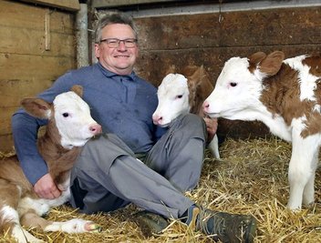 Milchbauer Robert Böttle sitzt in Göffingen (Gemeinde Unlingen - Kreis Biberach) zusammen mit den einen Tag alten Drillings-Kälbchen im Stroh. Pünktlich zu Ostern hatte Kuh Evi in Oberschwaben gesunde Drillinge geboren - ein sehr seltenes Phänomen bei Rindern. Die Kalbung ging ganz schnell. Nach zehn Minuten waren alle drei Mädels auf der Welt.