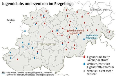 Diese Grafik zeigt die Jugendlubs und - zentren im Erzgebirge.