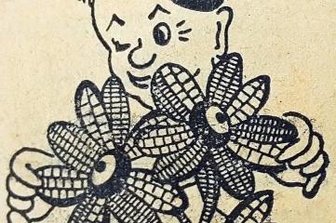 1955 erstmals Spitzenfest - Der damalige Stadtreporter Fips mit dem 1. Festabzeichen von 1955 aus Plauener Spitze.