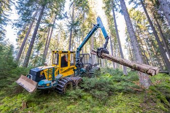 20-Tonner frisst sich durch Wald im Erzgebirge: Hier kommt Spezialtechnik zum Einsatz - Maik Pöttrich von der Firma Hegenbarth steuert den Traktionsrückezug. Nachdem der Harvester die Baumstämme bearbeitet hat, wird das Holz den Hang hinauf dahin transportiert, wo es abgefahren werden kann.