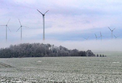 Der Bodennebel verhüllt die Windräder bei Rossau. 