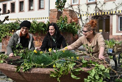 Im Foto: Birgit Liebers, Yvonne Hartung und Nicole George-Millach beim Dekorieren des Pflanzkübels in Rochlitz.