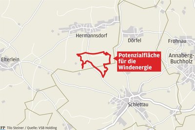 Die Grafik zeigt den Bereich, um den es in den Plänen für den „Windpark Hermannsdorf“ geht. Ein kleiner Teil der Fläche liegt auf Schlettauer Flur.