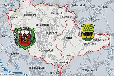 Die Grafik zeigt Burgstädt und Taura mit den jeweiligen Ortsteilen. Mit der Eingemeindung wächst das Burgstädter Territorium um reichlich 1000 Hektar - etwa 1500 Fußballfelder.