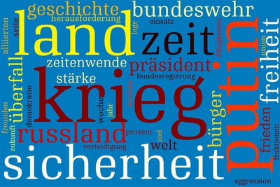 Putin, Krieg und Sicherheit: Nach Der Invasion Russlands in die Ukraine hielt Olaf Scholz seine bekannteste Rede zur „Zeitenwende“. Die Wortwolke zeigt die Begriffe, die darin am häufigsten vorkamen.
