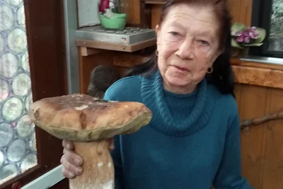 Monika Sprenger mit zwei Kilogramm Steinpilz in der Hand.