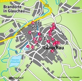 
              <p class="artikelinhalt">Die Grafik zeigt einen Teil der Brände, die allein seit Jahresanfang 2009 in Glauchau Feuerwehreinsätze ausgelöst haben. <b>1. </b>11. Januar: Auto Ecke Lungwitzer/Talstraße; <b>2.</b> 8. März: Golf Fritz-Reuter-Straße; <b>3.</b> 15. März: leeres Haus Schlachthof-/Kopernikusstraße, 18. Oktober: Papiertonne; <b>4.</b> 12. April: Papiertonnen Lungwitzer Straße; <b>5.</b> 19. April: Simmel, Rudolf-Breitscheid-Straße; <b>6. </b>26. April: Hexenfeuer an Hammerwiese; <b>7.</b> 2. Mai: gelbe Säcke Leipziger Platz; <b>8.</b> 9. Mai: Holzpavillon an Lichtensteiner Straße; <b>9. </b>10. Mai: Schlachthof; <b>10. </b>28. Juli: leer stehendes Haus Thomas-Müntzer-/Druckergasse, 31. Oktober: Zwirnerei; <b>11.</b> 5. August: polytechnisches Zentrum Am Graben, Grashaufen am Bismarckturm; <b>12. </b>13. September: Holzfirma Albanstraße; <b>13. </b>20. September: Mülltonnen Lungwitzer Straße; <b>14.</b> 18. November: Containerbrand Talstraße; <b>15.</b> 18. November: leer stehendes Haus an Mühlgrabenstraße; <b>16.</b> 27. Dezember: leer stehendes Mehrfamilienhaus an Waldenburger Straße; <b>17.</b> 7. Januar: leer stehendes Wohnhaus an Talstraße; <b>18.</b> 17. Januar: altes Palla-Gebäude, WIlhelmstraße; <b>19.</b> 20. Januar: Papiercontainer, Auestraße.</p>
            